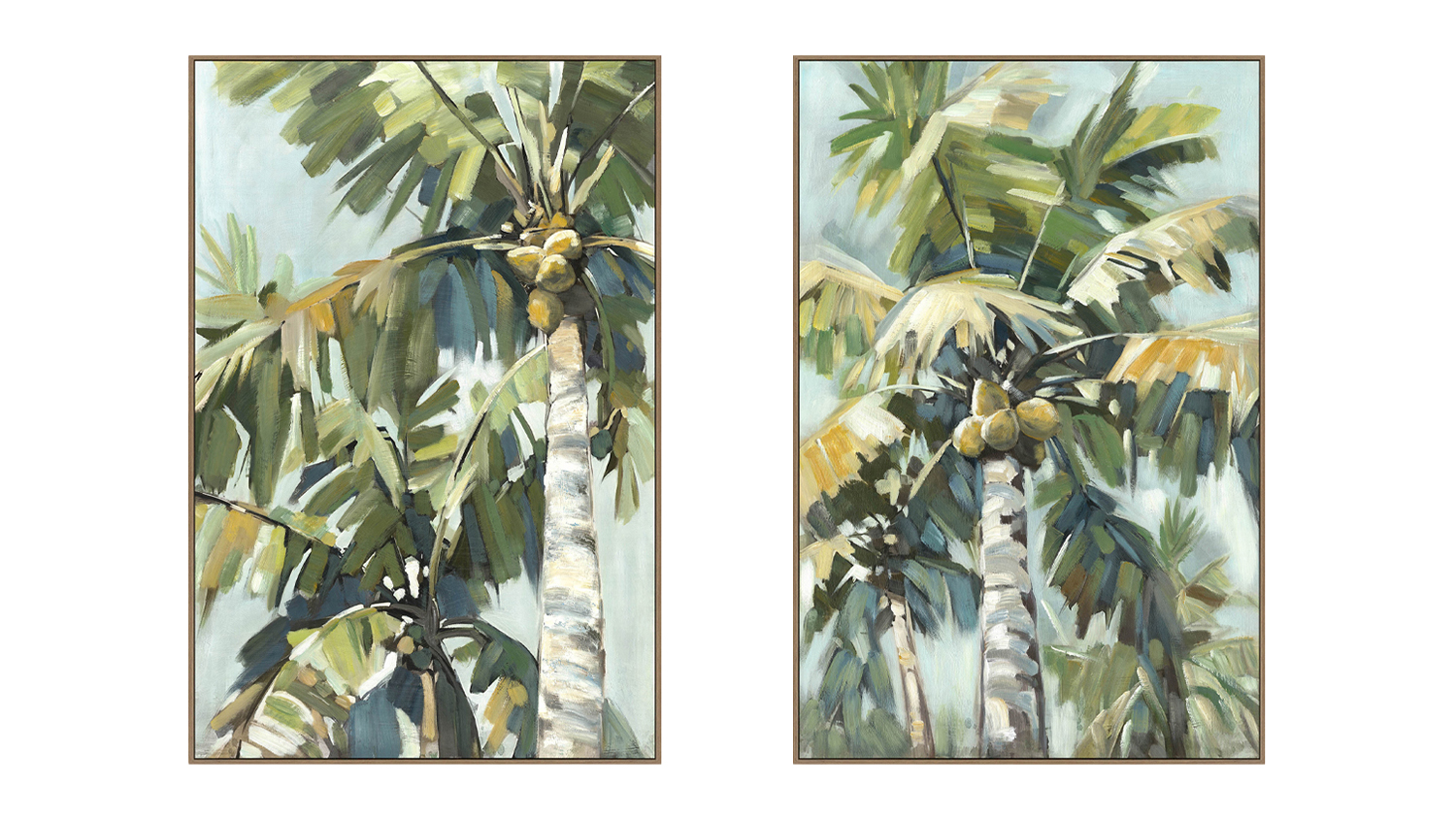 Two paintings of palm trees with coconuts against a light blue sky, using broad brushstrokes and tropical colors.