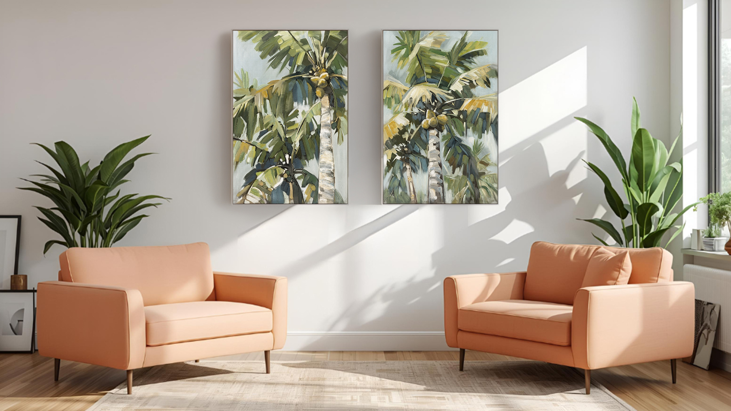 Two artwork pieces hang between two sofas in a modern living room with plants and wood flooring.