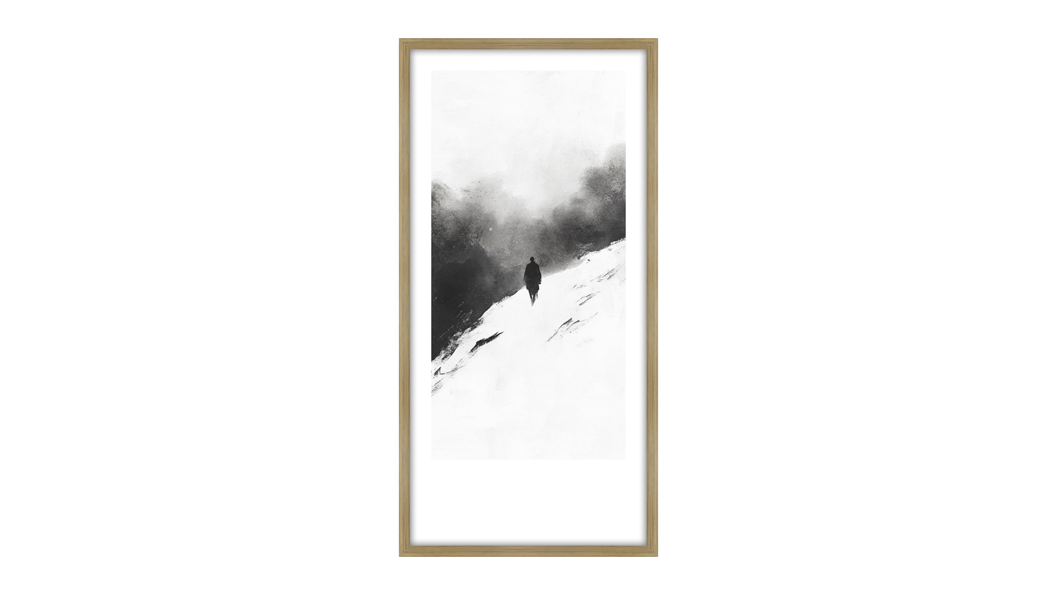 A framed black and white painting depicting a solitary figure walking up a snowy hill with dark clouds in the background.