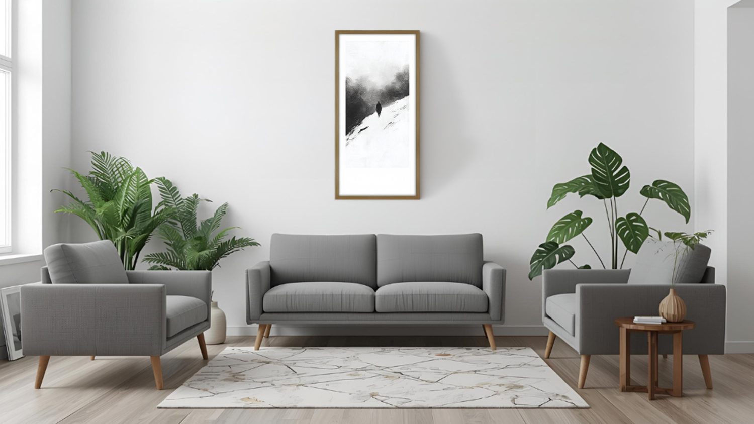 Artwork piece hangs above sofa in a modern living room with plants and wood flooring.