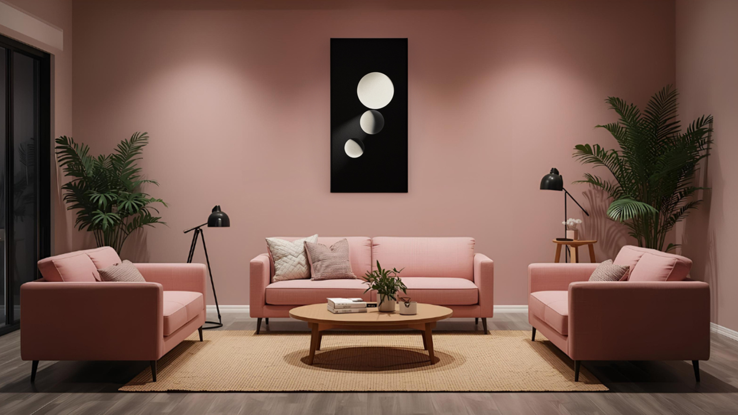 Artwork piece hangs above sofa in a modern living room with plants and wood flooring.