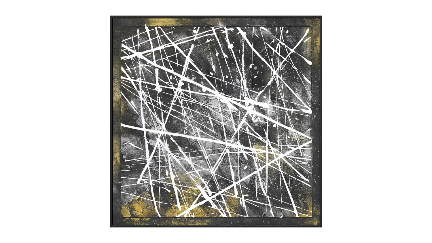 An abstract artwork featuring intersecting white lines overlaid on a dark textured background with hints of gold accents.