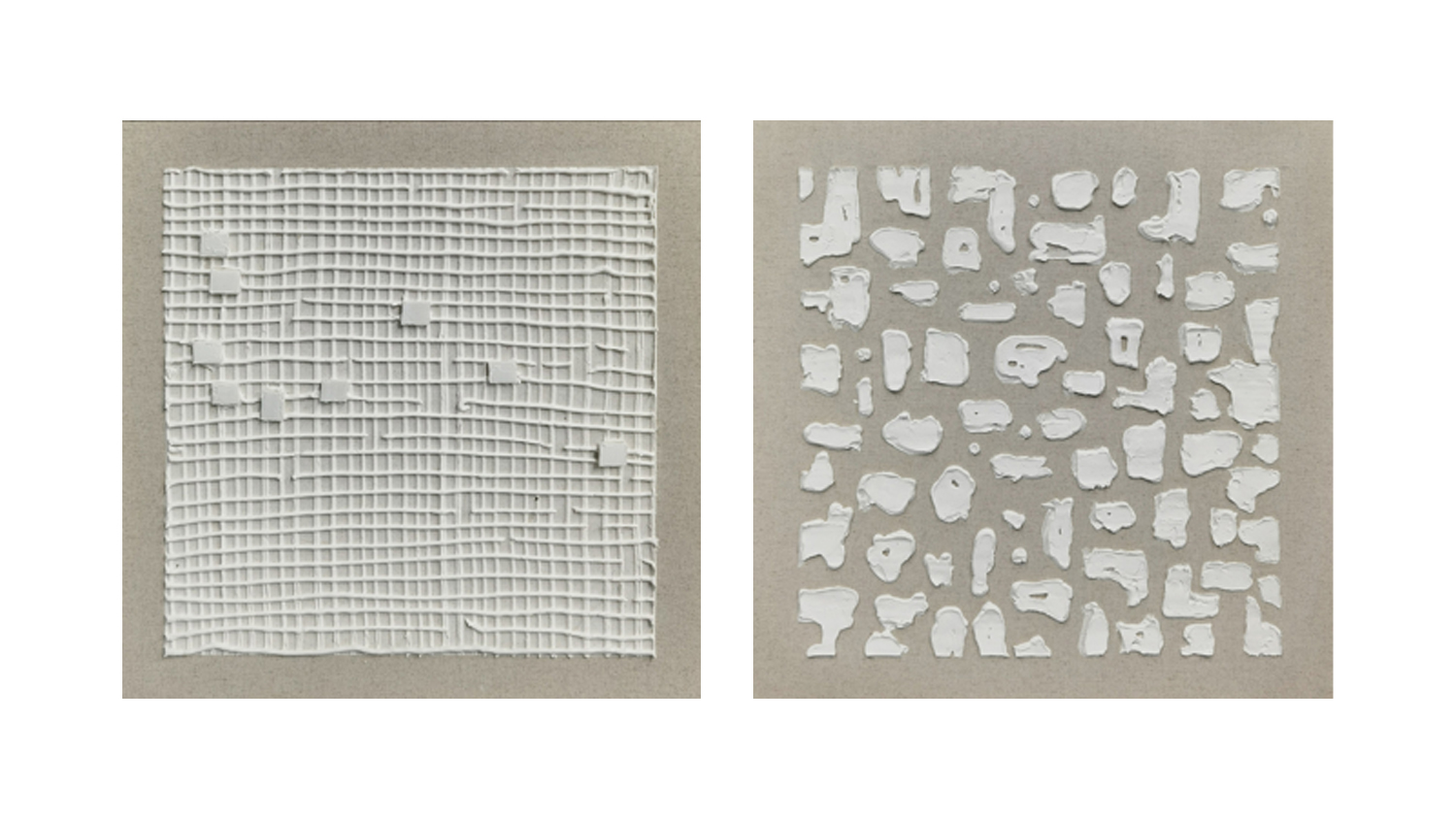 An abstract artwork consisting of irregularly shaped white patches arranged on a beige canvas background resembling scattered stones or tiles.