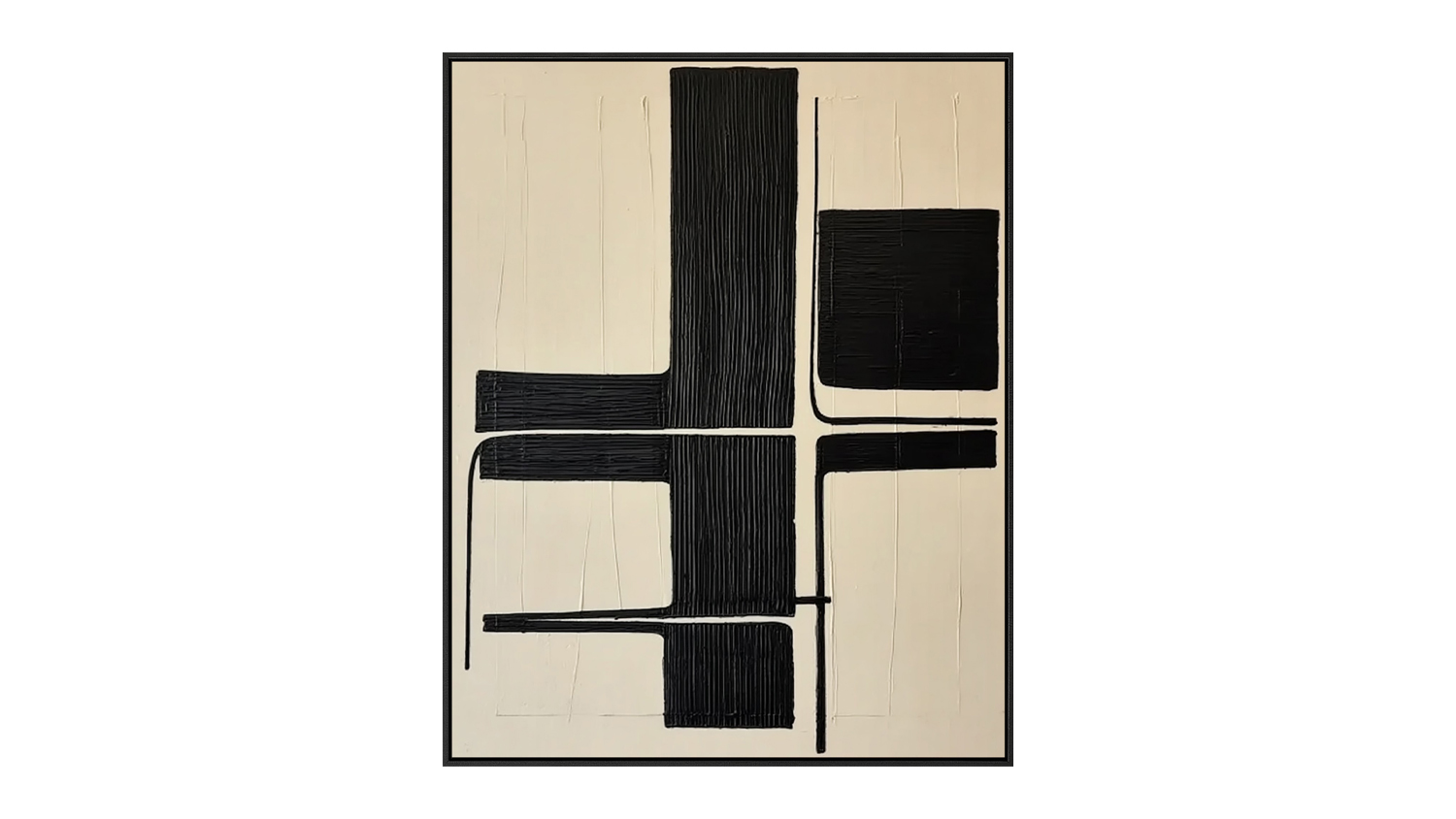 A minimalist abstract painting with thick black lines forming geometric shapes on a beige background.