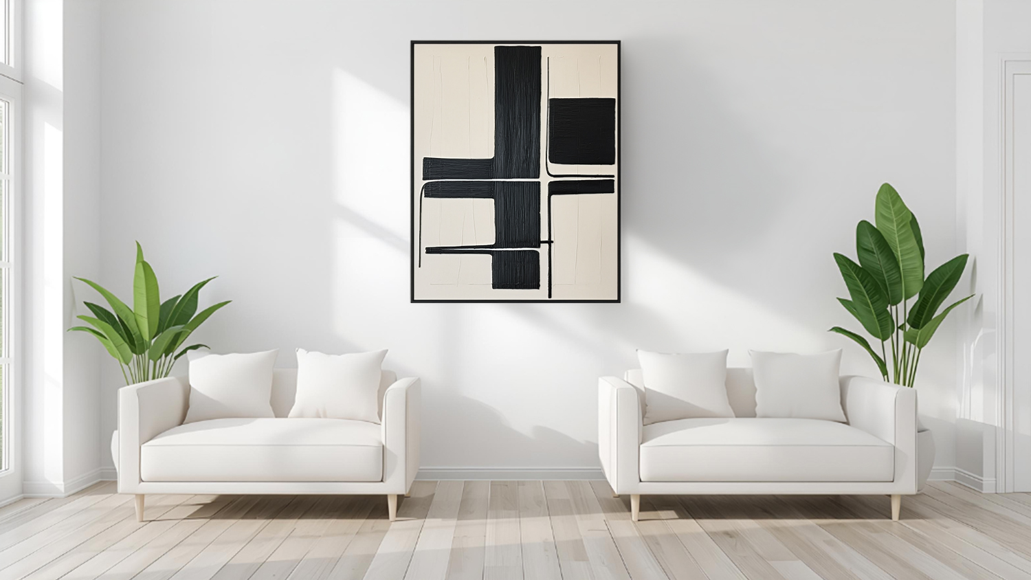 Artwork piece hangs above two sofas in a modern living room with plants and wood flooring.