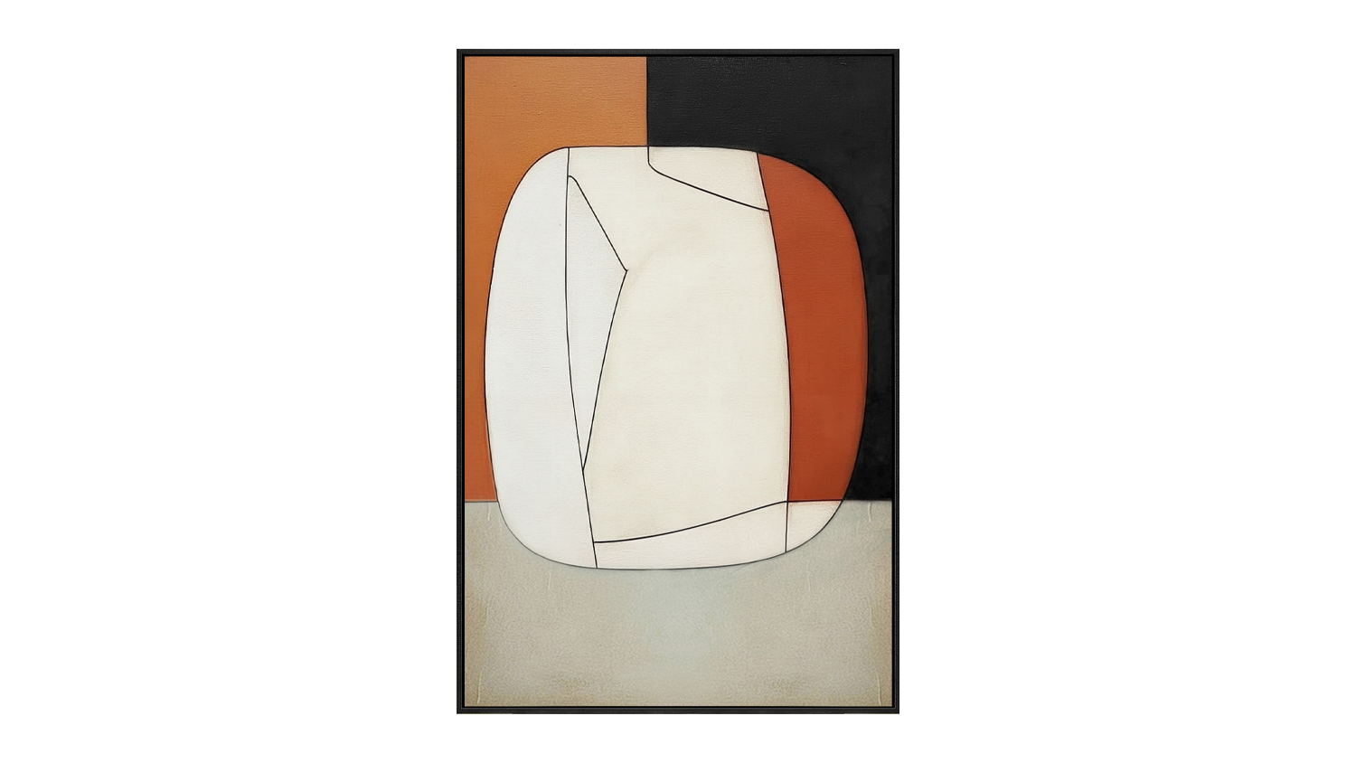 An abstract painting featuring an oval shape divided into sections of white and orange against a black and brown background.