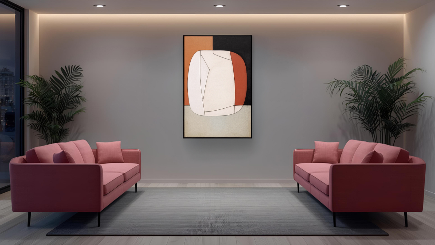 Artwork piece hangs between two sofas in a modern living room with plants and wood flooring.