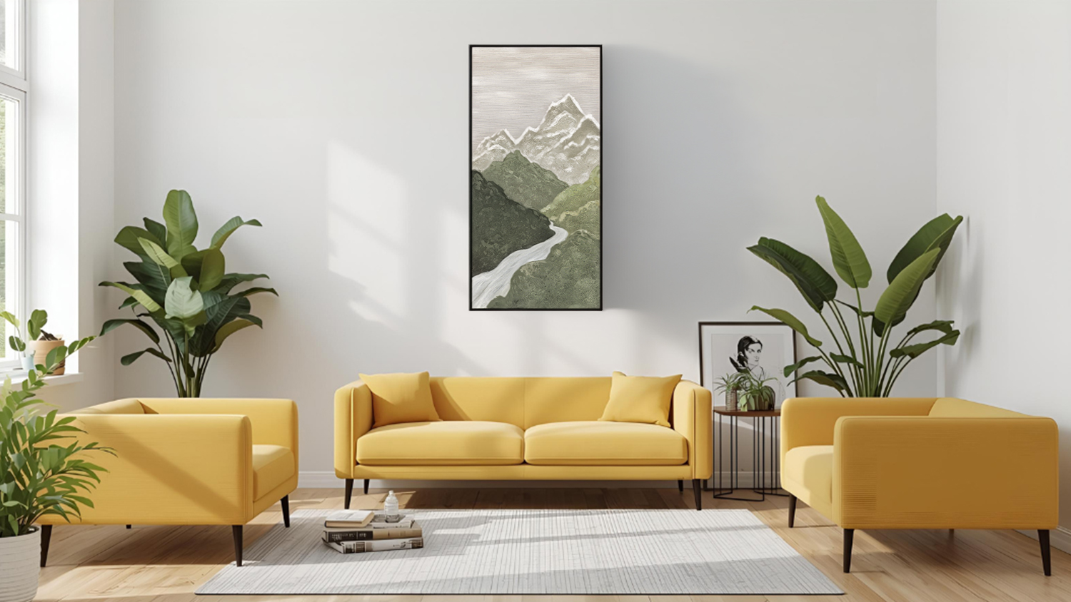 Artwork piece hangs above sofa in a modern living room with plants and wood flooring.