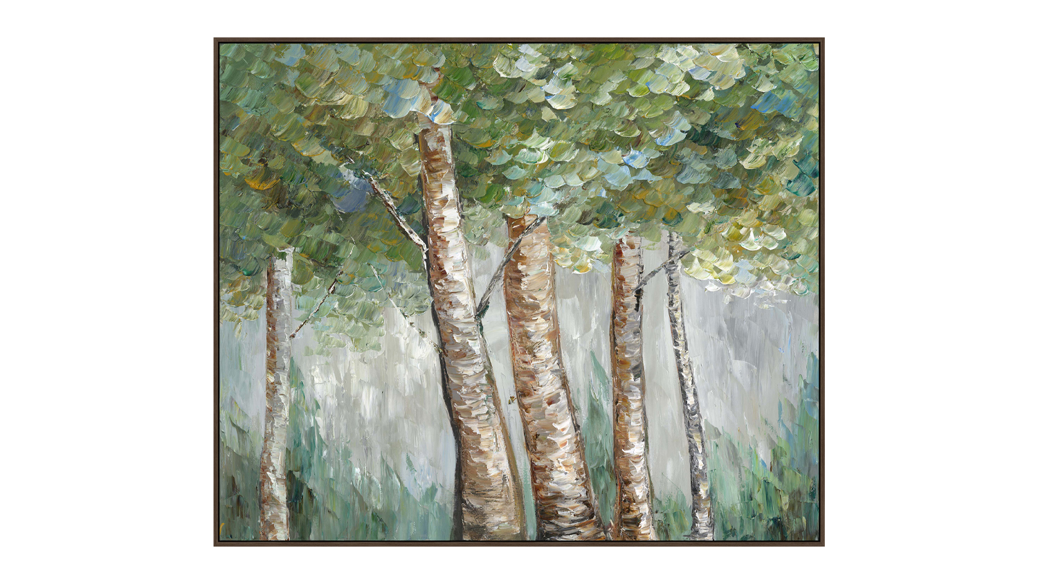 A textured painting depicting several trees with green foliage against a muted grayish-green forest backdrop.