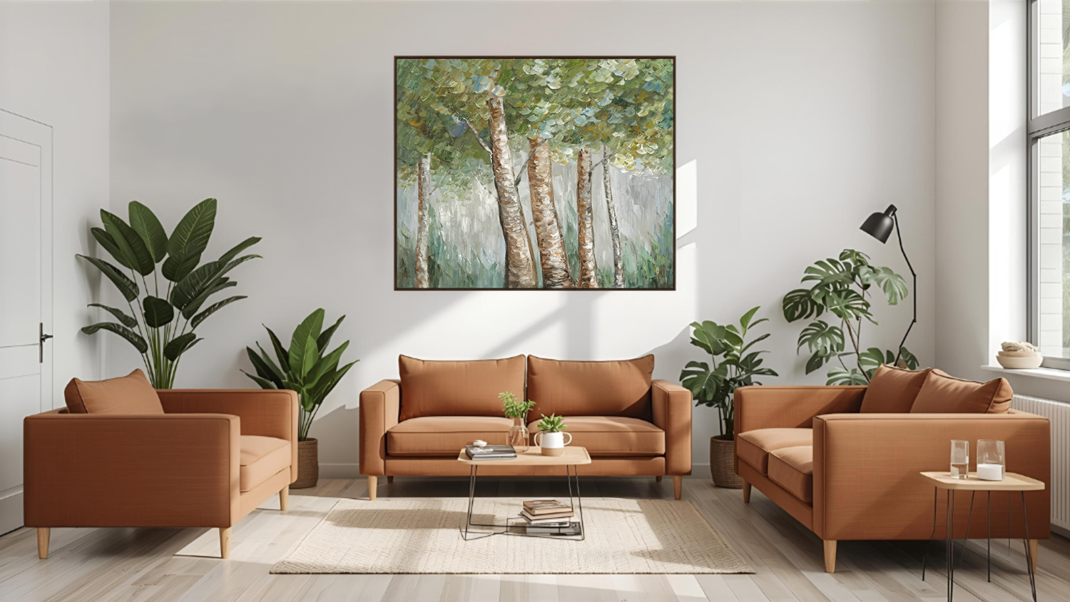 Artwork piece hangs above sofa in a modern living room with plants and wood flooring.