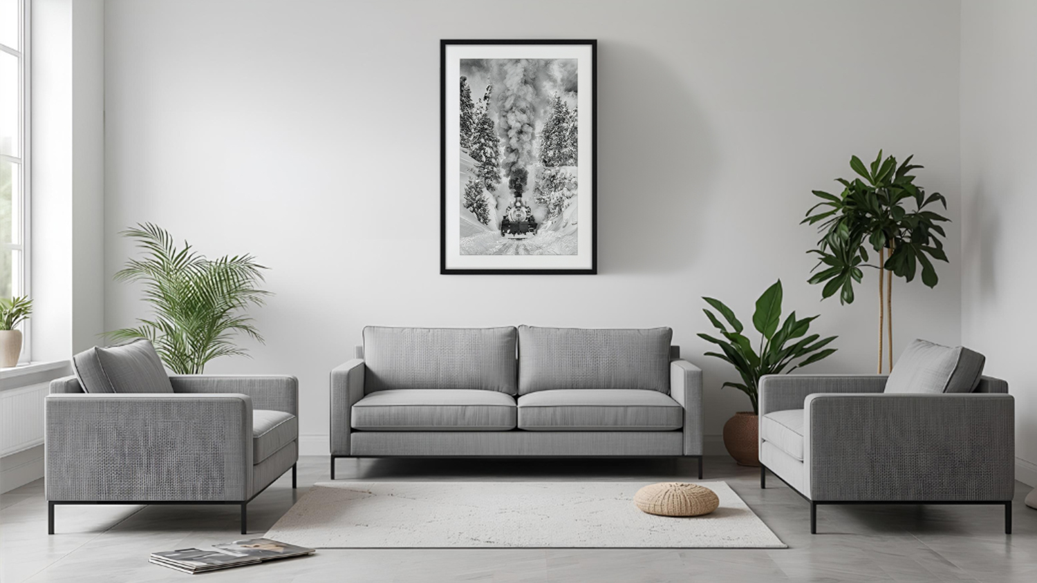Artwork piece hangs above sofa in a modern living room with plants and tiled flooring.