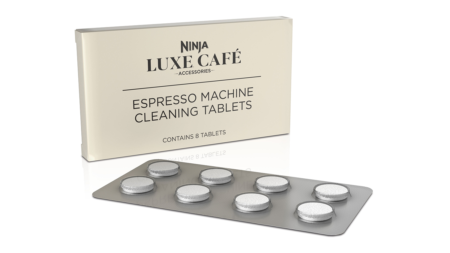 A small box of Ninja Luxe Cafe Cleaning Tablets with a blister pack laid below