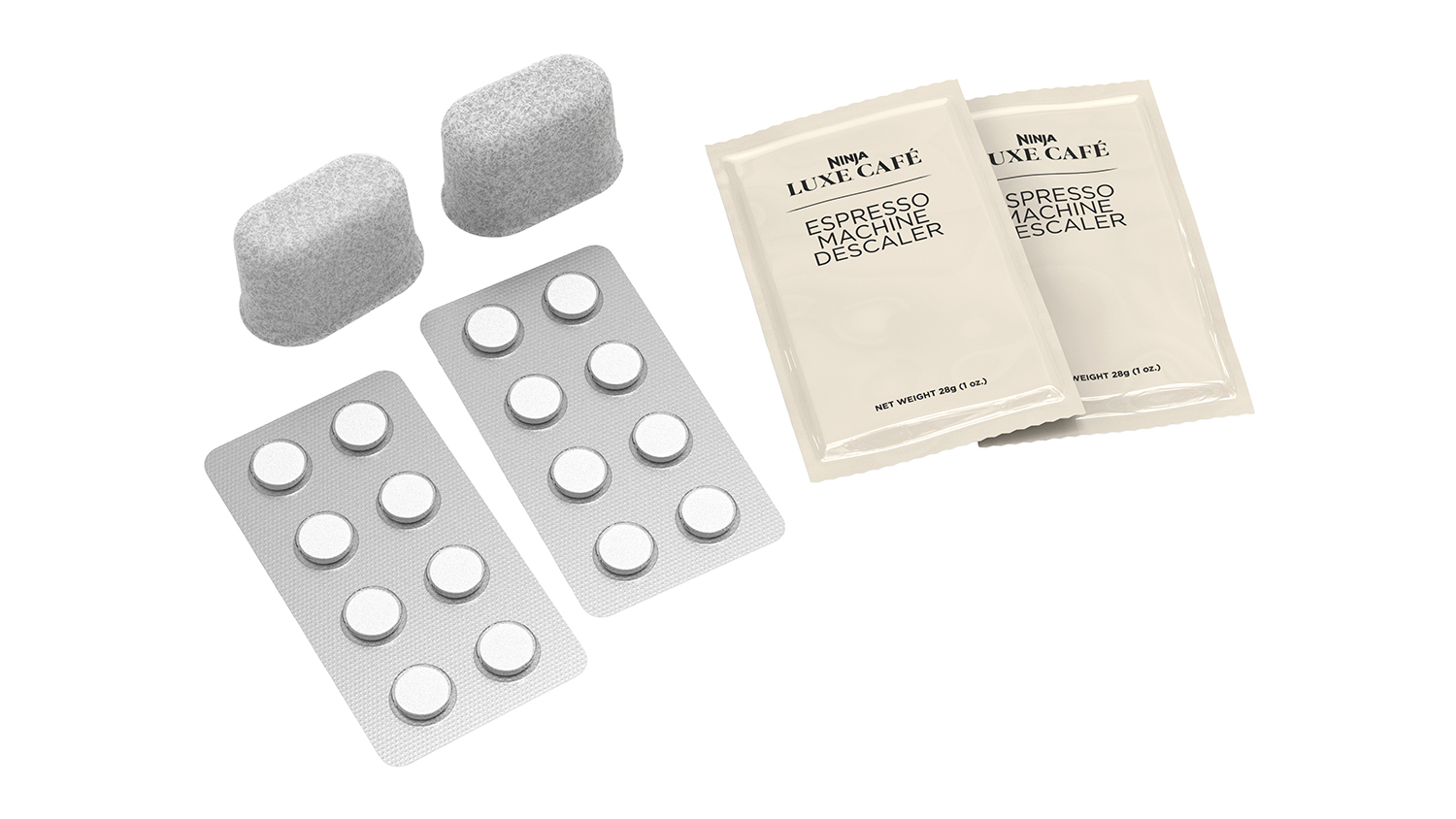 The Ninja Luxe Cafe Cleaning Supply Kit, featuring two sachets of descaler, two water filter inserts, and two packs of cleaning tablets