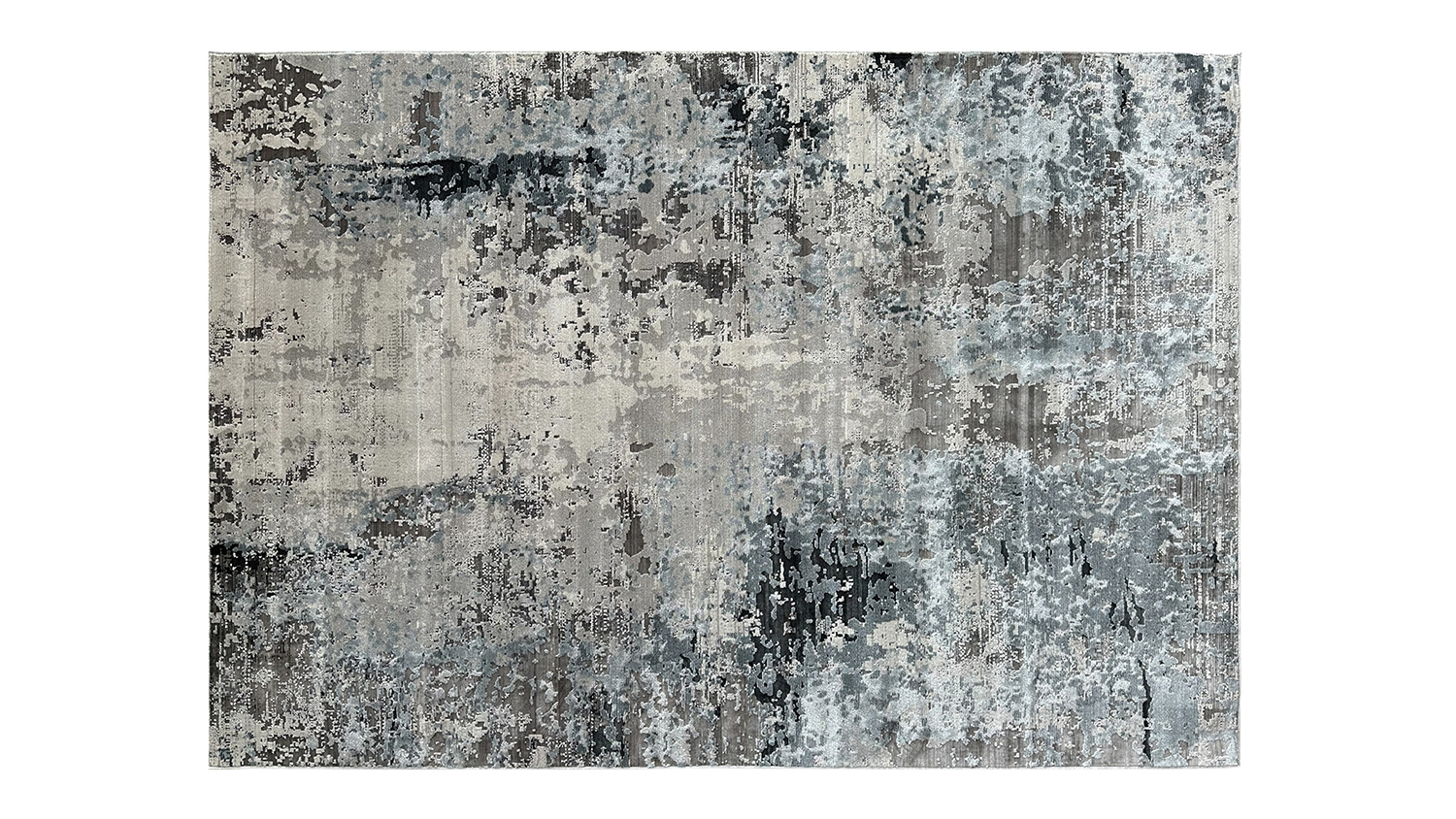 Abstract grey and blue rectangular rug with distressed pattern.