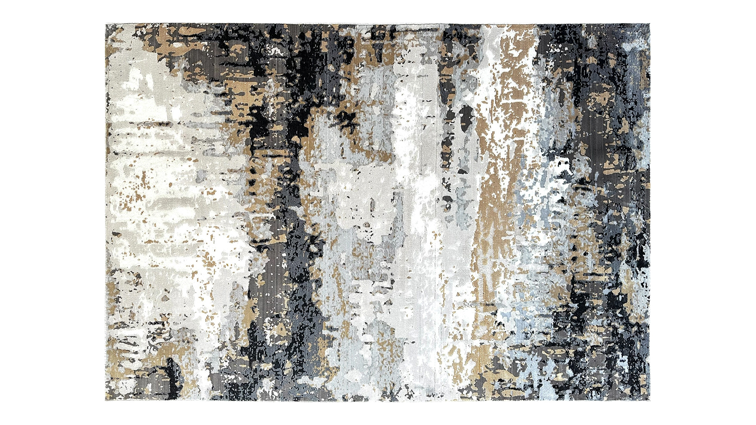 Rectangular multicoloured rug with a grey, blue, and beige patterned design.