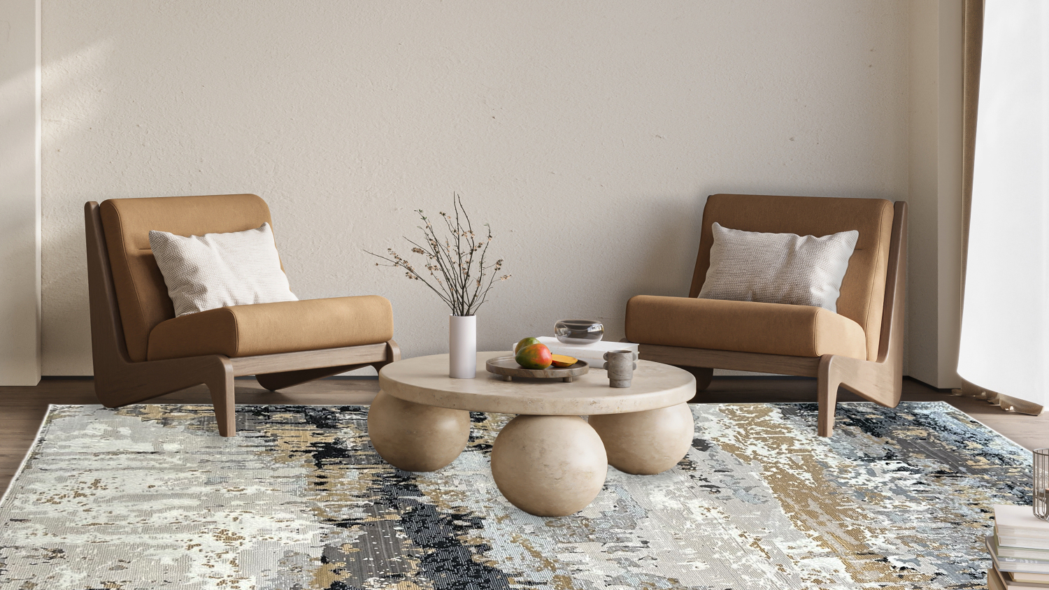 Living room with beige chairs and multicoloured patterned rug.