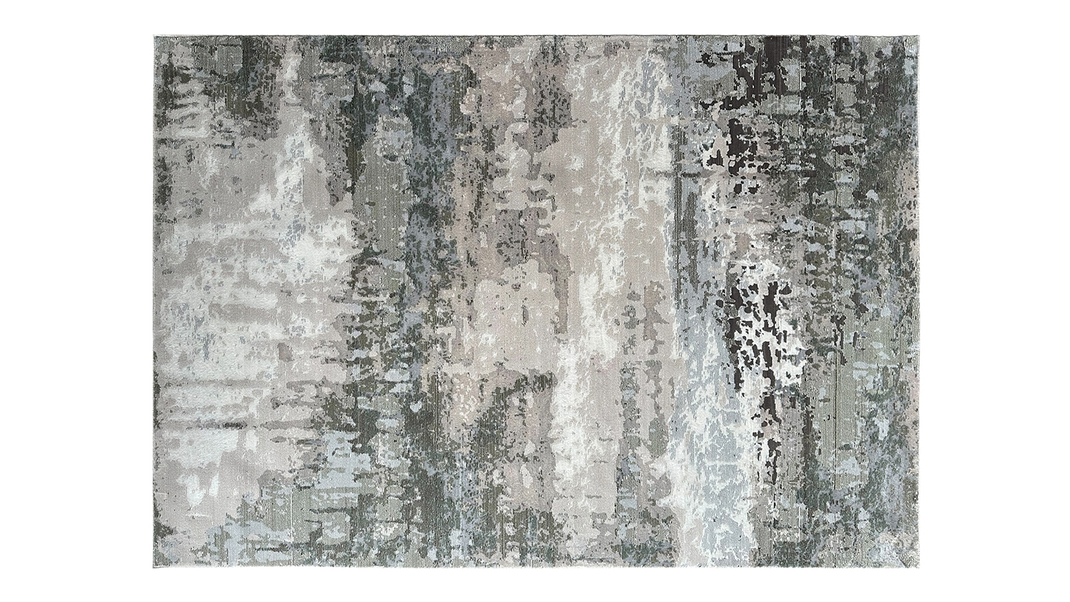 Abstract patterned rectangular rug with a blend of grey, beige and green tones.