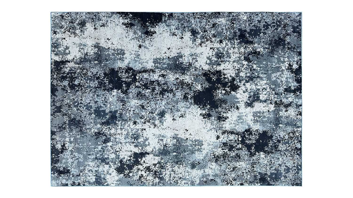 Rectangular rug with a blue and grey abstract pattern.