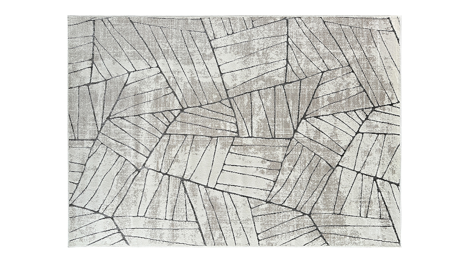 Rectangular rug with abstract geometric pattern in shades of beige with black lines.