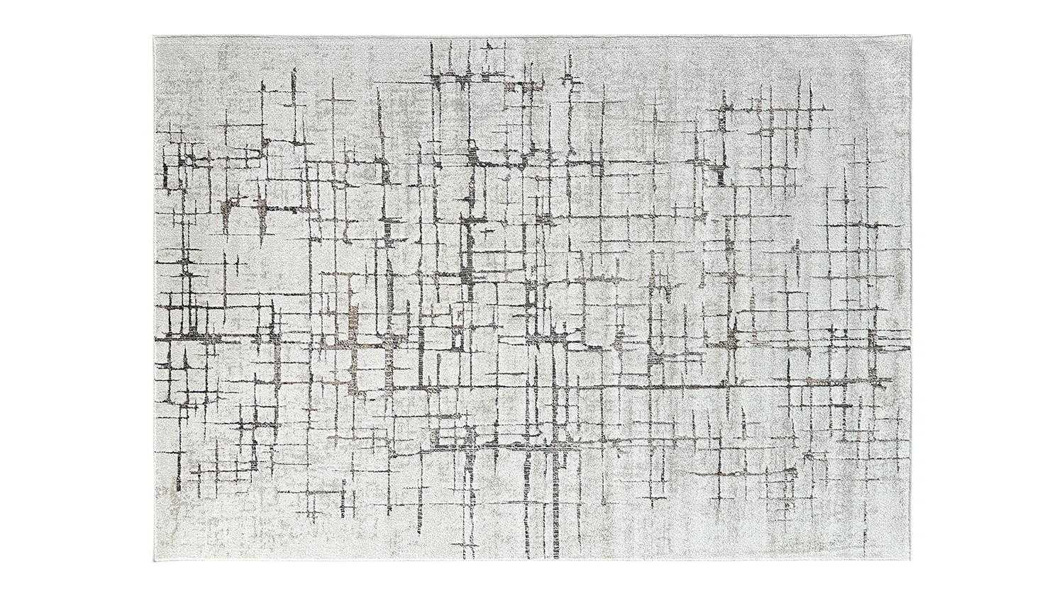 Rectangular rug featuring an intricate grid-like design in light grey tones with darker accents.