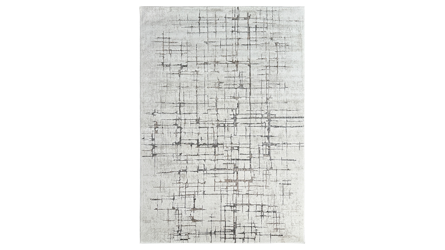 Rectangular rug featuring an intricate grid-like design in light grey tones with darker accents.