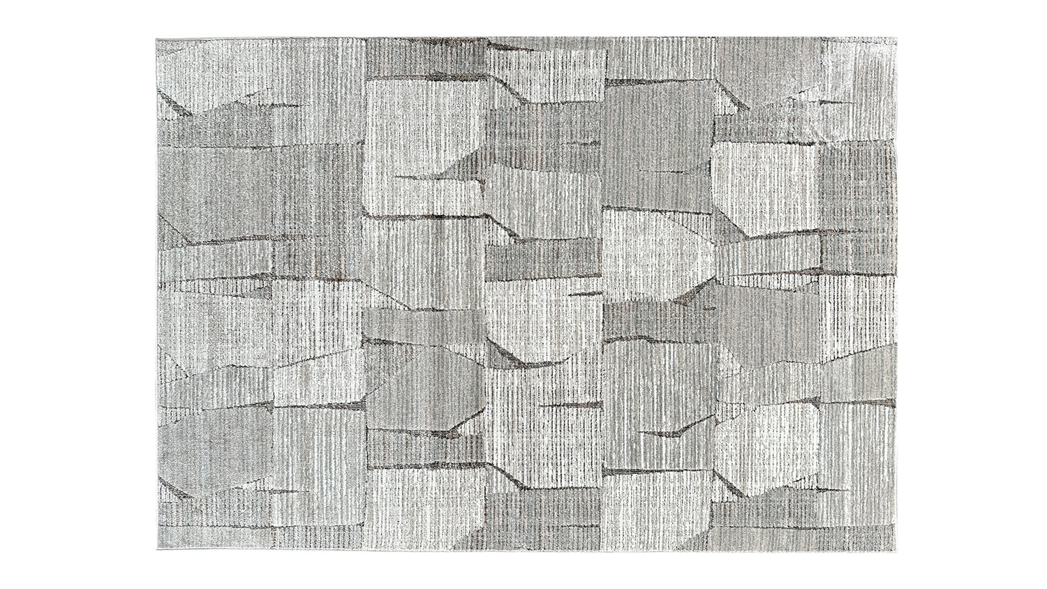 Rectangular rug with a blocky, abstract design in various shades of grey.