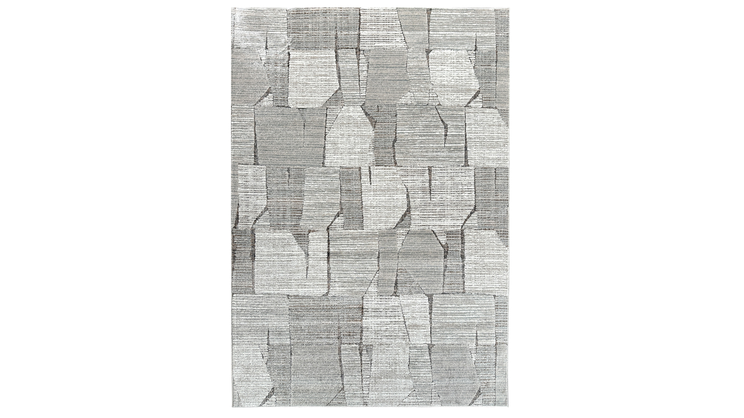 Rectangular rug with a blocky, abstract design in various shades of grey.