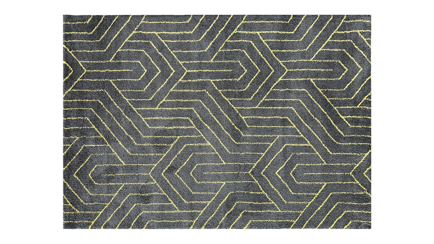 Grey rectangular rug with yellow geometric pattern.