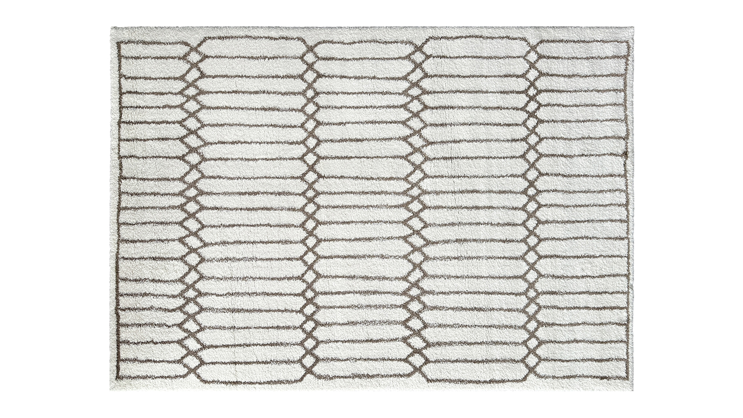 White rectangular rug with brown geometric pattern.