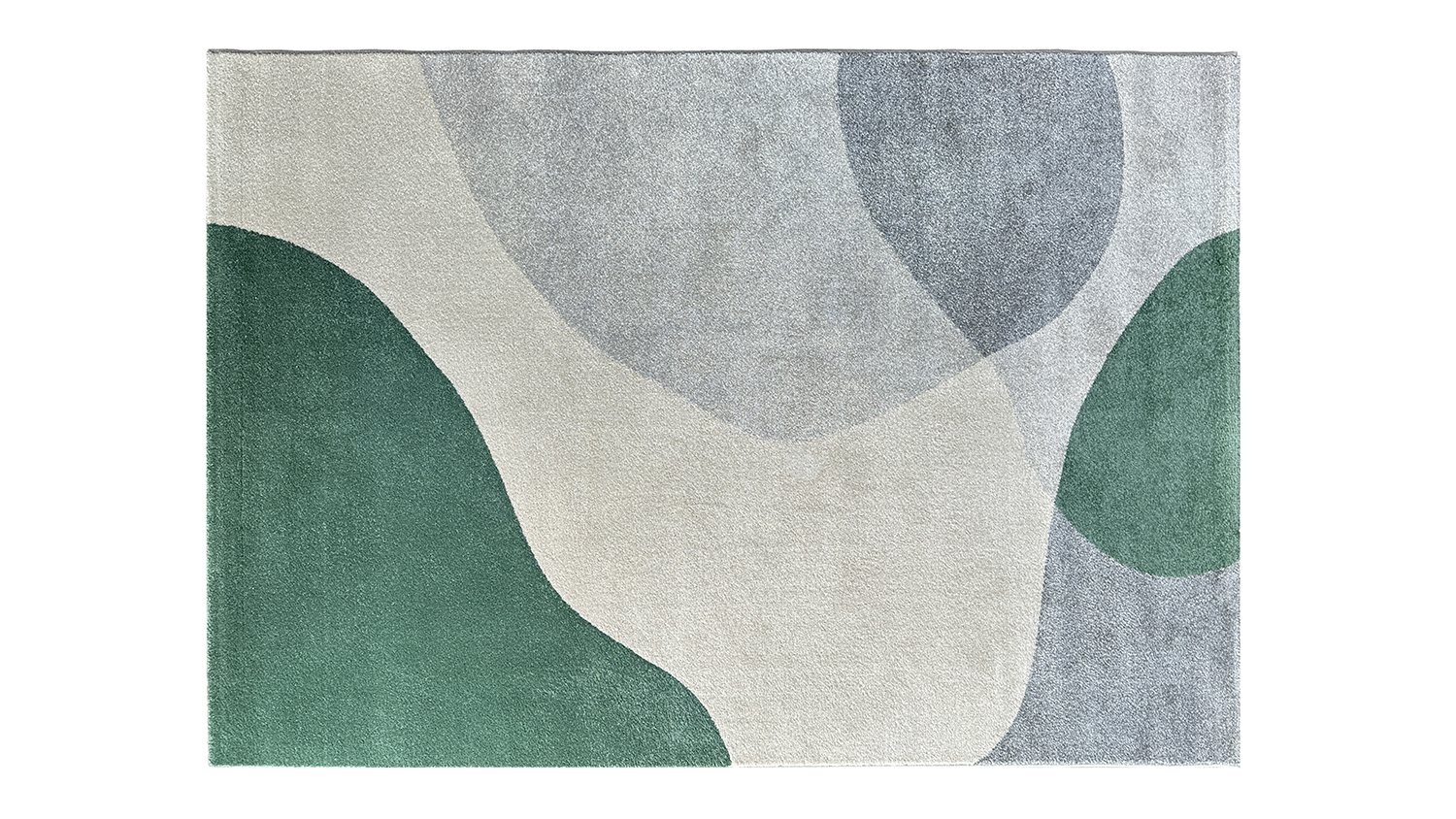 Rectangular rug with abstract shapes in green, beige, and grey tones.
