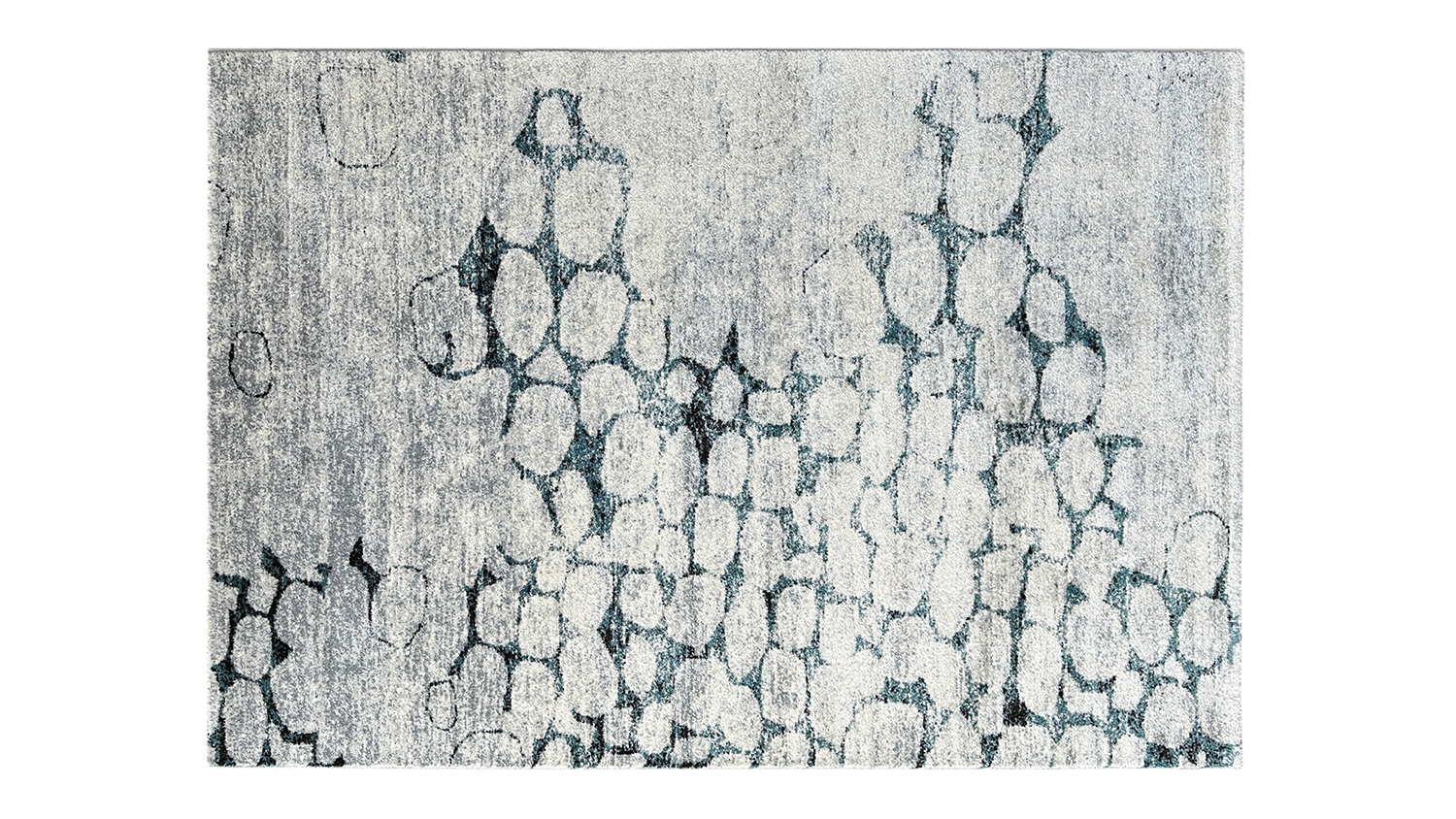 Rectangular blue rug with grey and white toned hexagonal patterns.