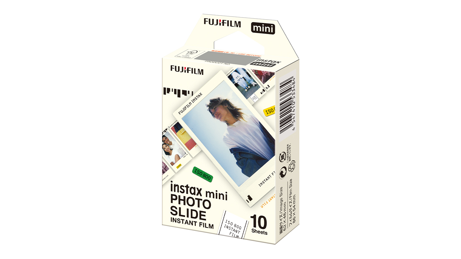 Angled view of the Instax Mini Film 10 Pack Slide box featuring a photo of a person in a white shirt