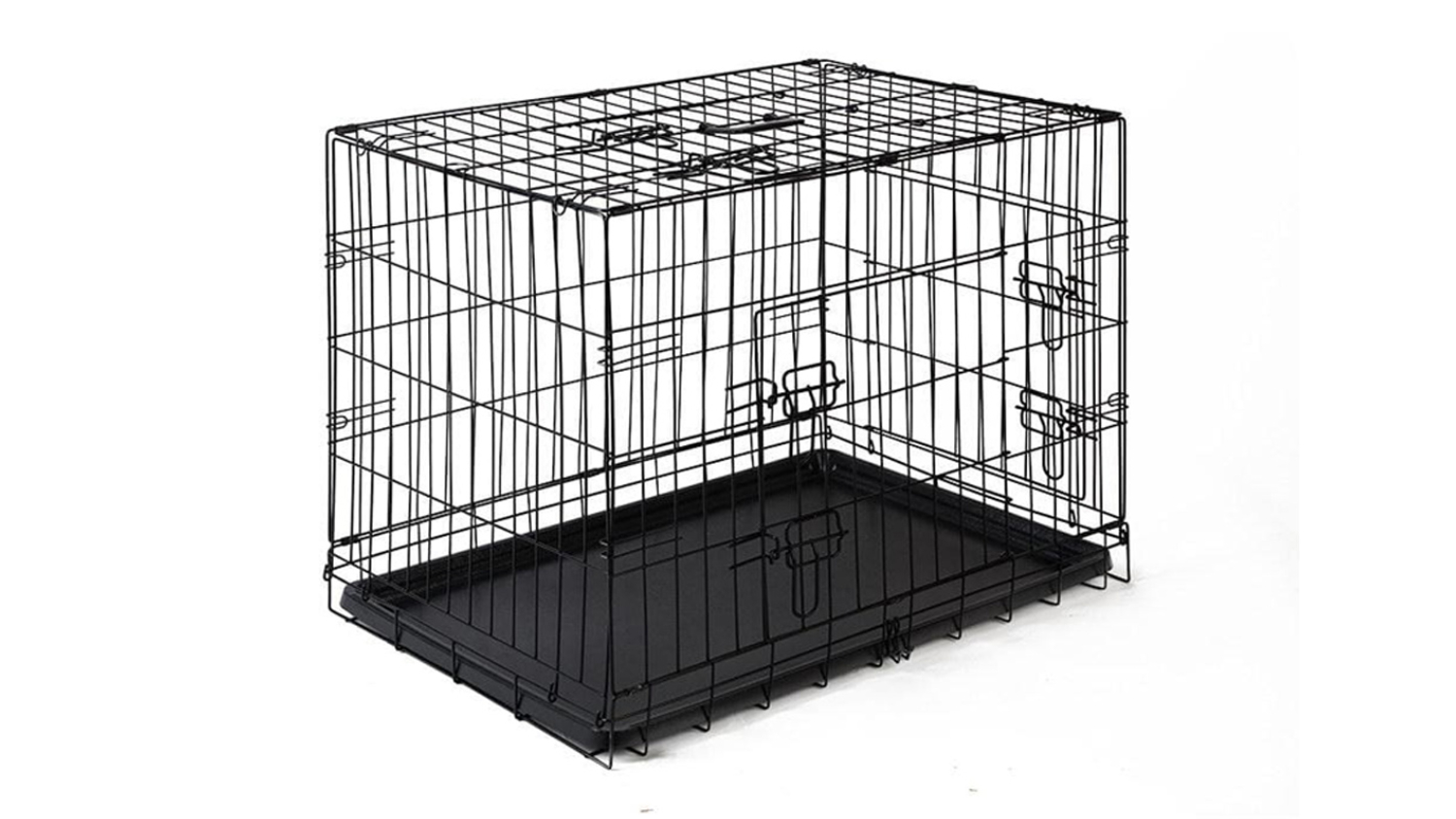 A right angle of a black pet crate