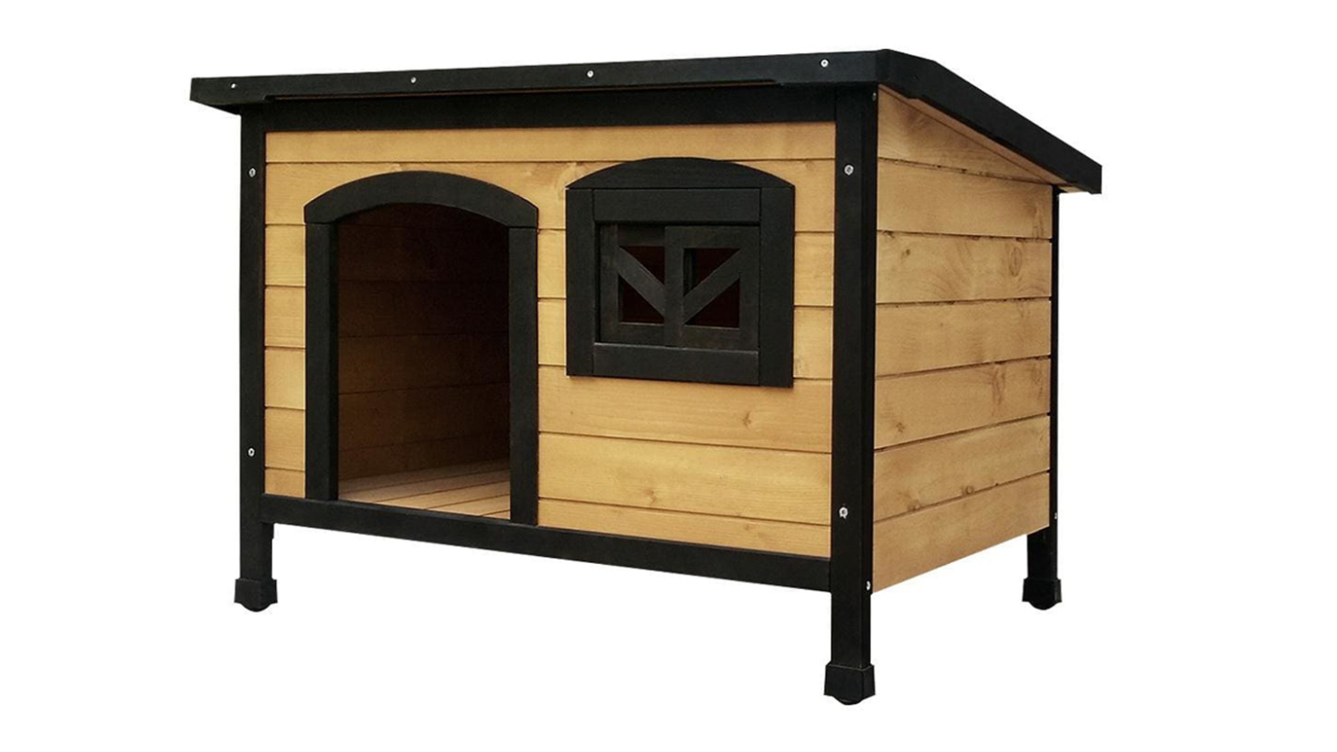 A left-angle view of a wooden pet kennel