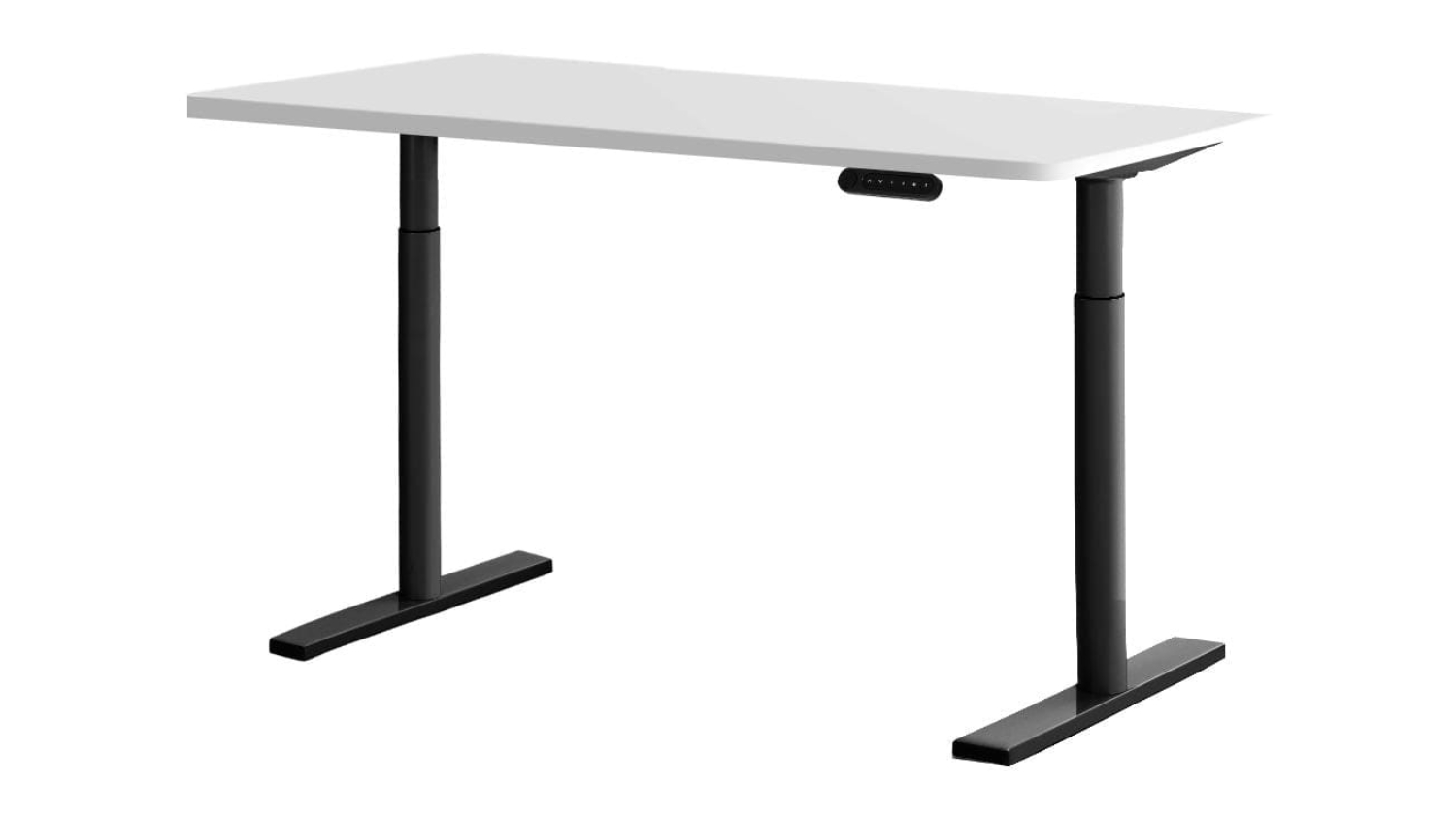 Adjustable height desk with wooden top and black metal legs