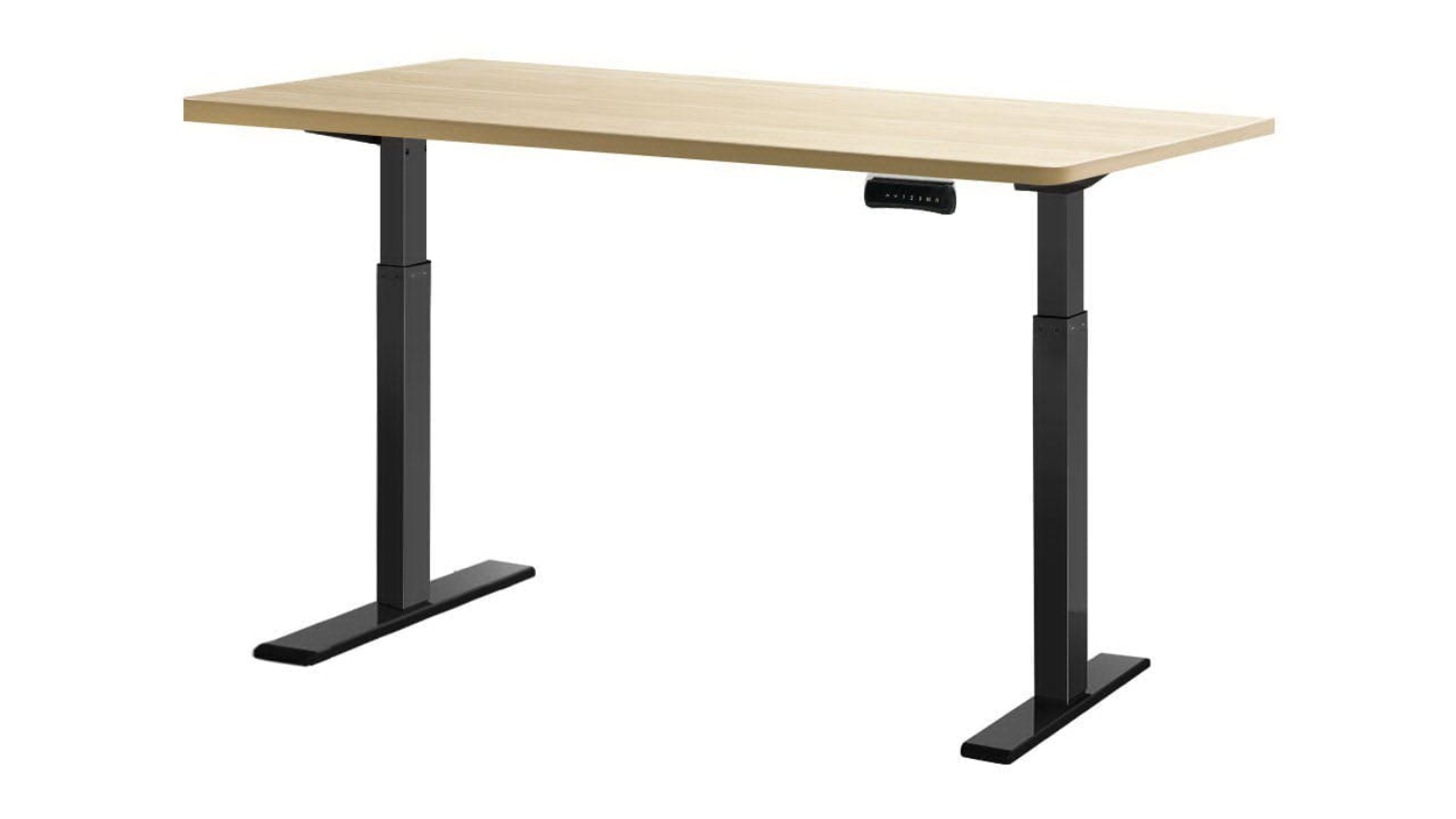 Adjustable height desk with wooden top and black metal legs