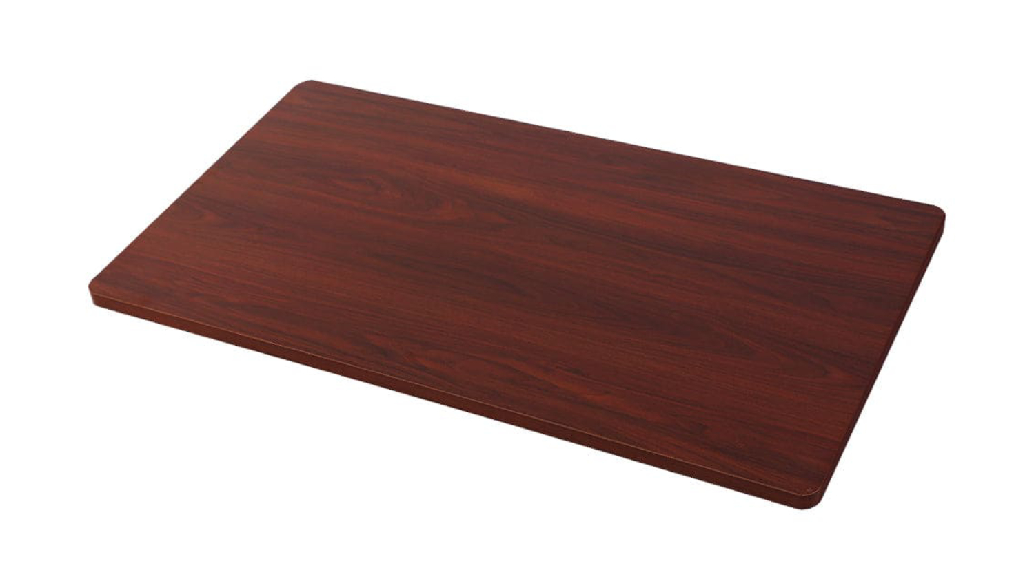 Rectangular wooden desk top with a dark walnut finish, designed for height-adjustable desk frames