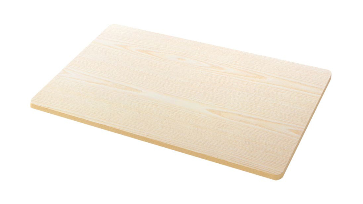 Rectangular light wood desk top with a smooth finish and rounded edges