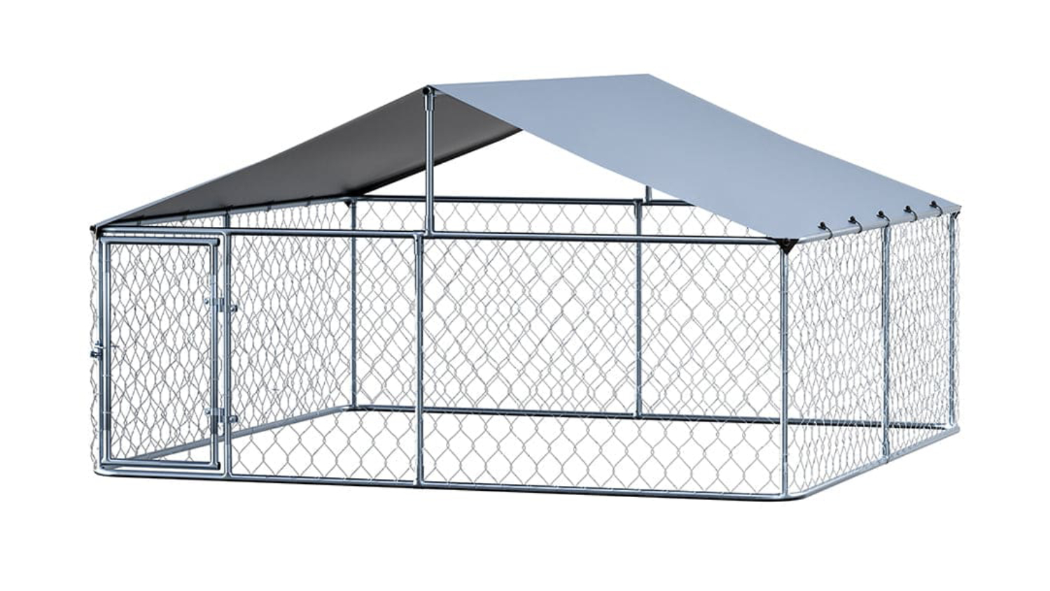 Metal dog enclosure with chain-link sides and a slanted roof cover for outdoor protection