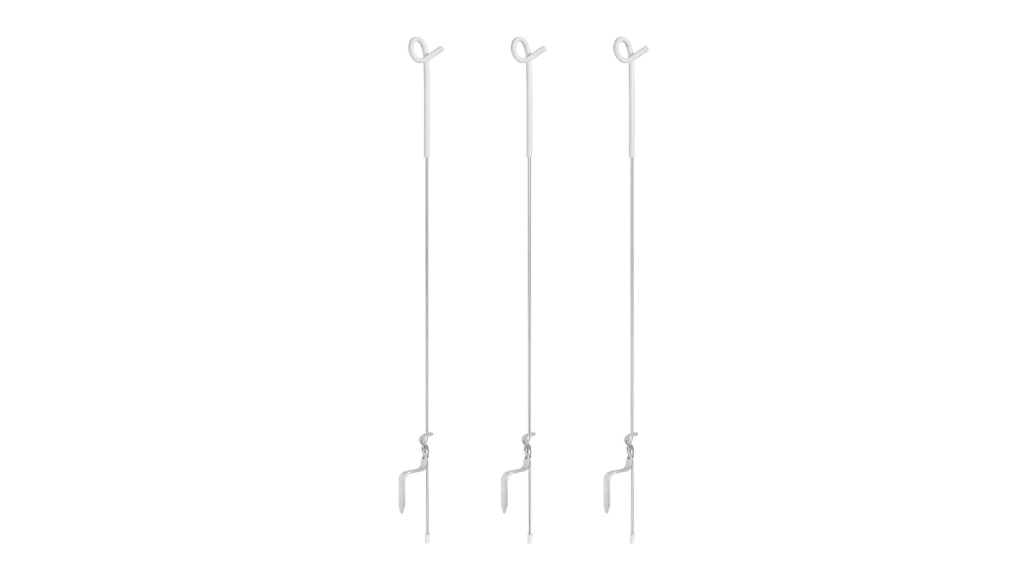 Three white electric fence posts with foot pegs and wire holders, arranged vertically