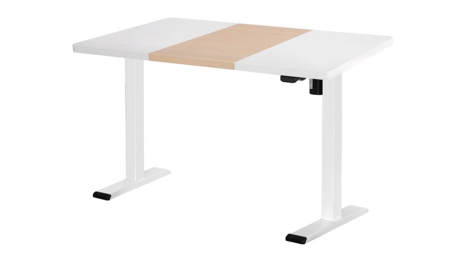 White motorised standing desk with two-tone wood centre and adjustable height frame