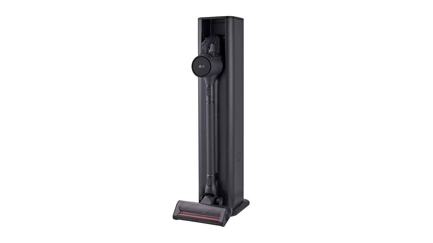 A slightly angled view of the LG CordZero A9L Tower Vacuum Cleaner attached to its All-in-One Tower