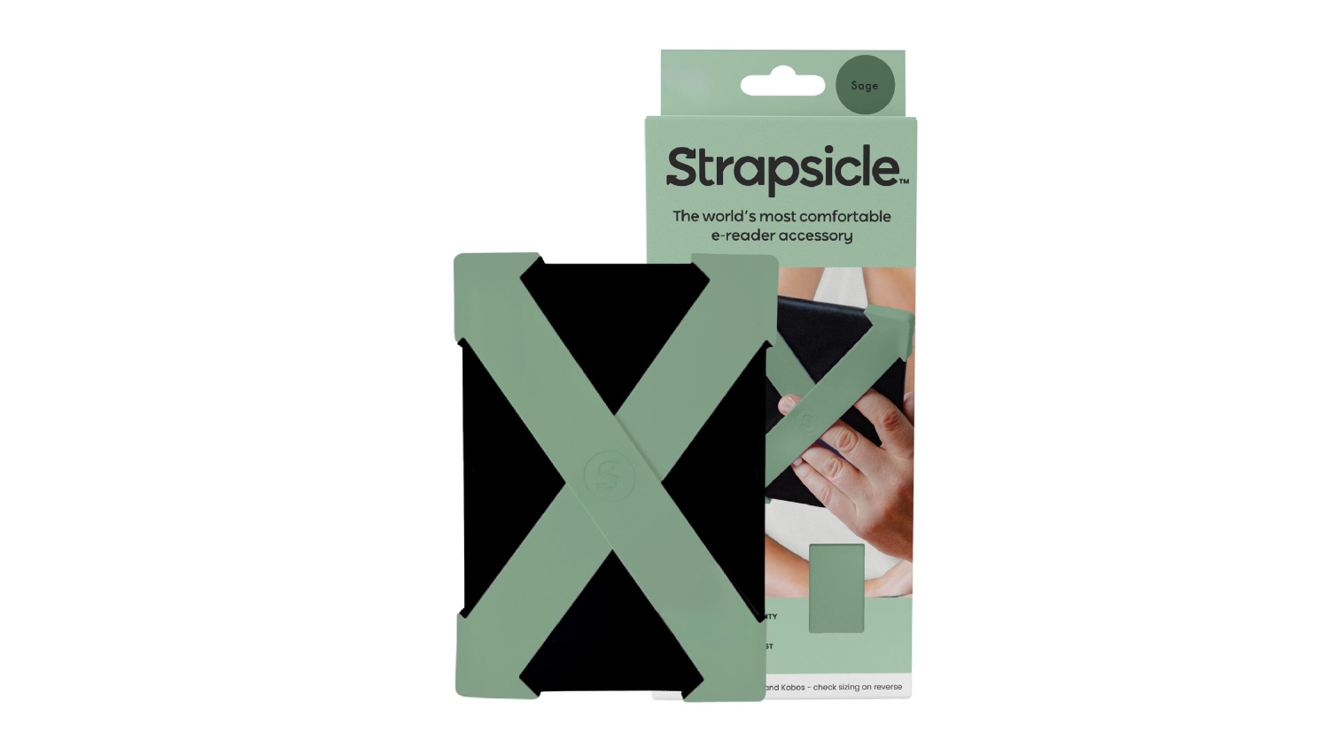 A strapsicle e-reader accessory and its packaging