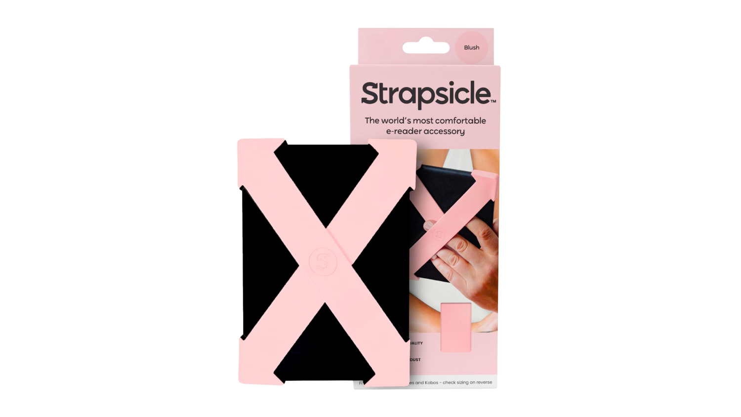 A strapsicle e-reader accessory and its packaging