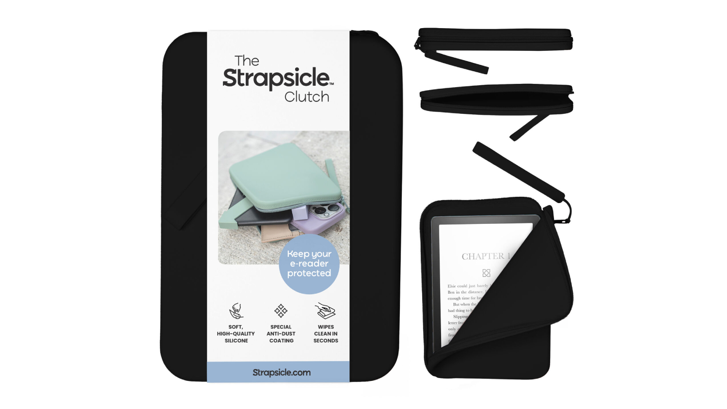 A black clutch e-reader case with a zipper, shown with packaging and features like anti-dust coating and easy cleaning