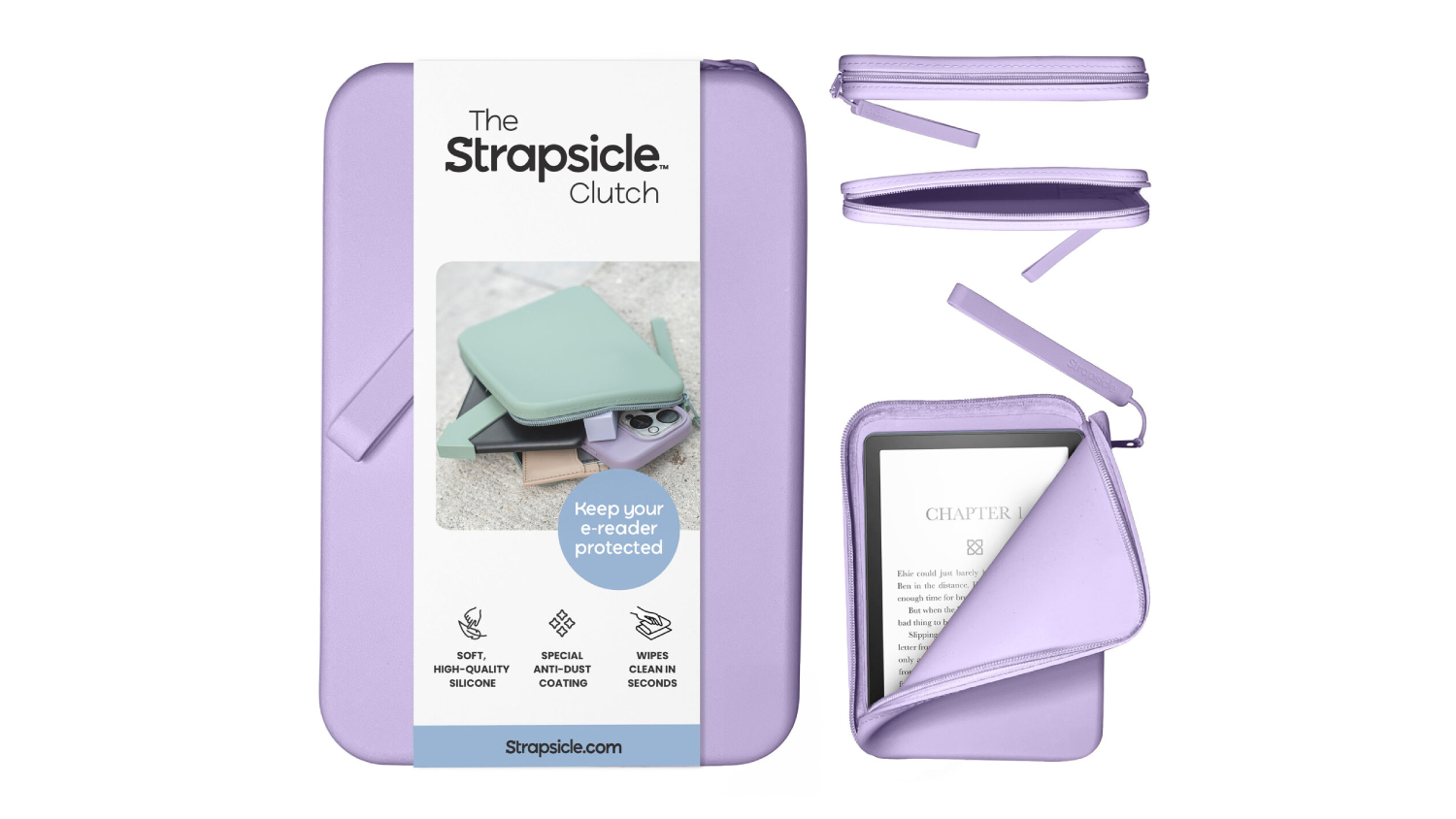 A black clutch e-reader case with a zipper, shown with packaging and features like anti-dust coating and easy cleaning