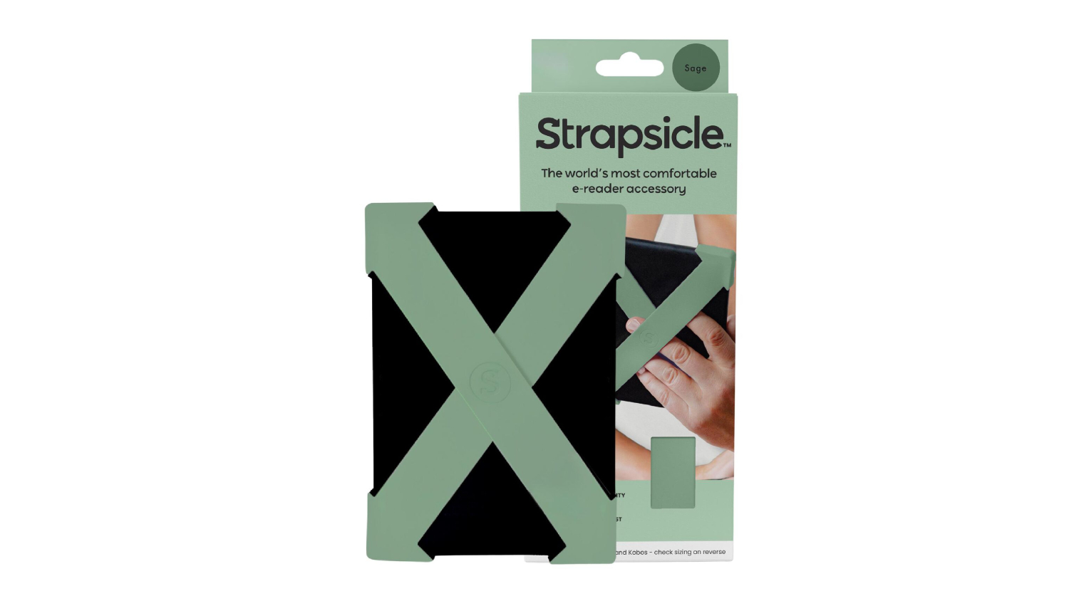 A strapsicle e-reader accessory and its packaging