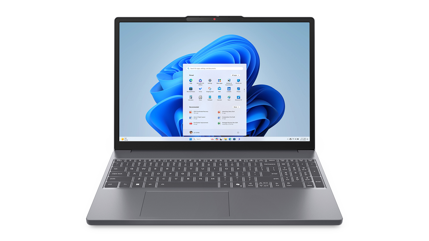 A Luna Grey Lenovo IdeaPad Slim 3i (8th Gen) 15.3" laptop showing a centred start menu