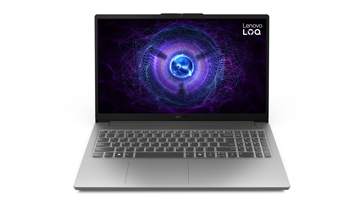 A Luna Grey Lenovo LOQ Essential 15.6" Gaming Laptop showing a blue orb and tech graphic
