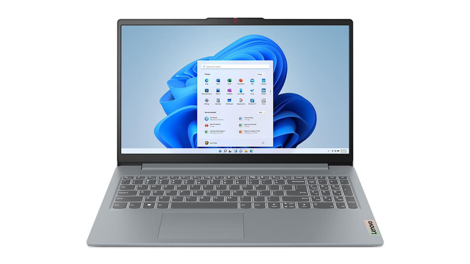 An Arctic Grey Lenovo IdeaPad Slim 3 (8th Gen) 14" Laptop showing a centred start menu